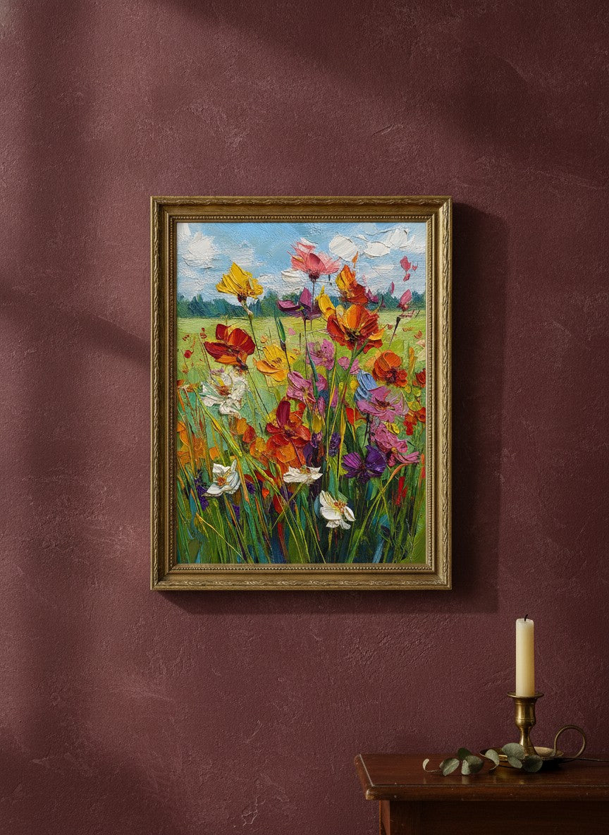 Wildflower Meadow Impasto Art art print shown in a burgundy brass setting