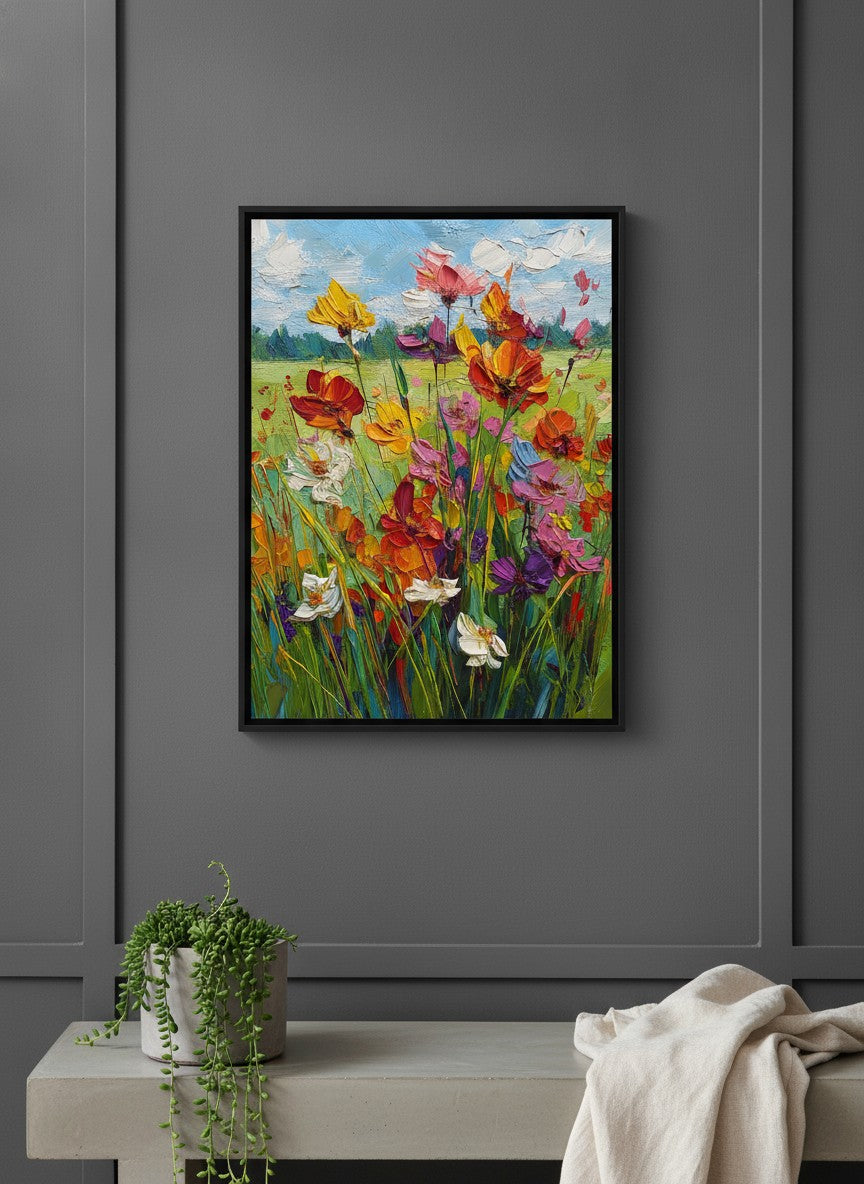 Wildflower Meadow Impasto Art art print shown in a charcoal minimal black setting
