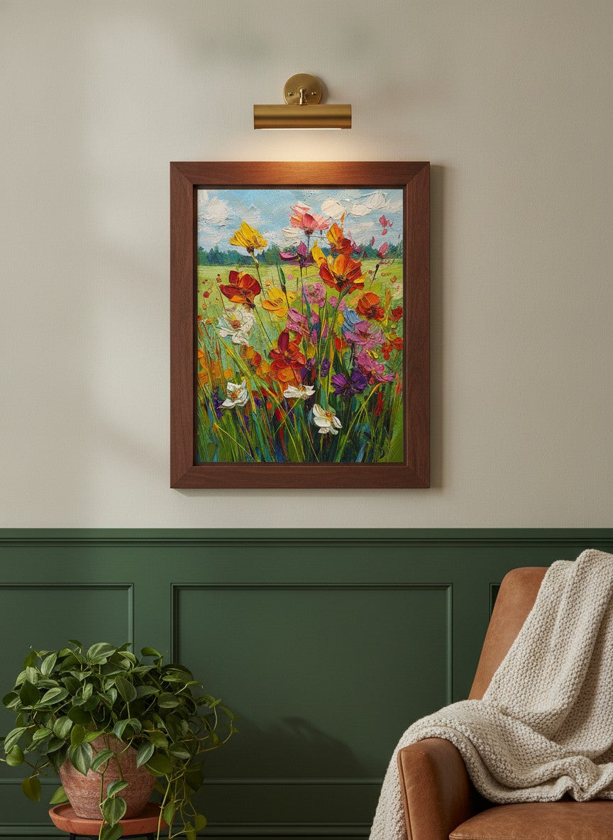 Wildflower Meadow Impasto Art art print shown in a forest green walnut setting
