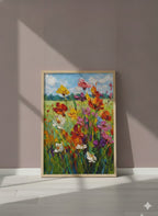 Wildflower Meadow Impasto Art art print shown in a purple setting