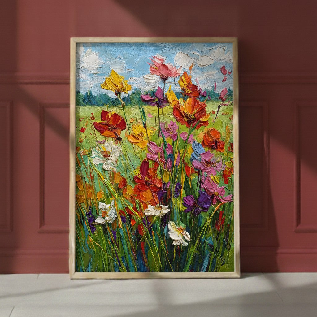 Wildflower Meadow Impasto Art art print shown in a red setting