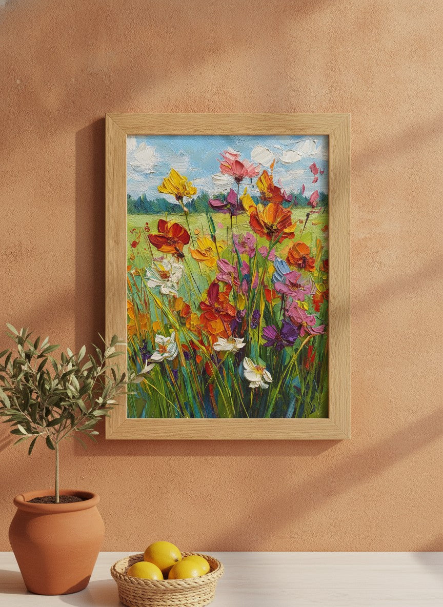 Wildflower Meadow Impasto Art art print shown in a terracotta rustic setting