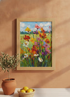 Wildflower Meadow Impasto Art art print shown in a terracotta rustic setting