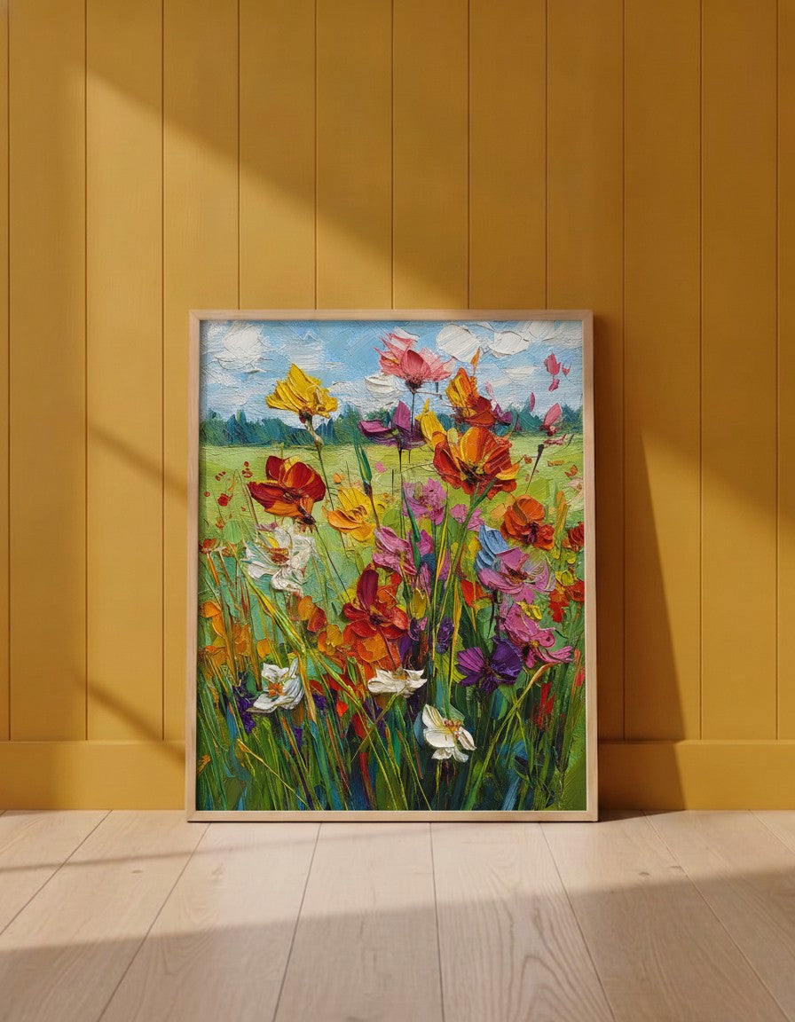 Wildflower Meadow Impasto Art art print shown in a yellow wall setting