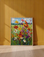 Wildflower Meadow Impasto Art art print shown in a yellow wall setting