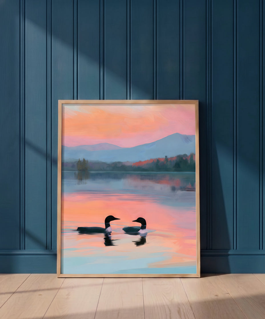 Loon Pair Sunset Lake Art art print shown in a blue 1 setting