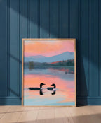 Loon Pair Sunset Lake Art art print shown in a blue 1 setting