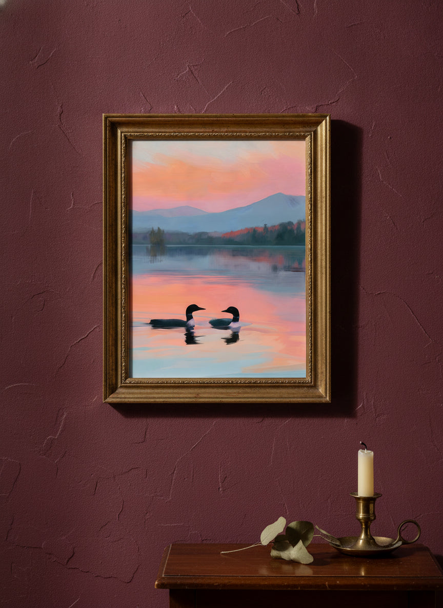 Loon Pair Sunset Lake Art art print shown in a burgundy brass setting