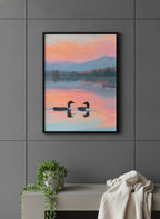 Loon Pair Sunset Lake Art art print shown in a charcoal minimal black setting