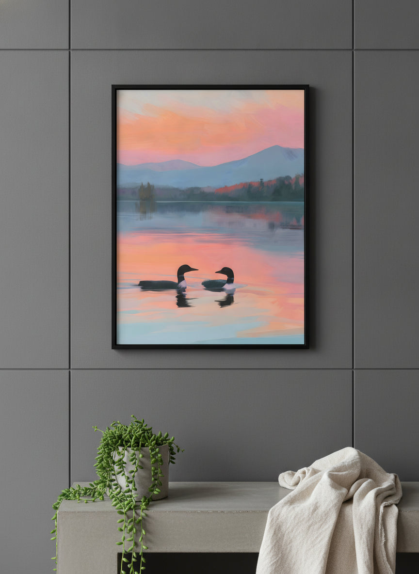 Loon Pair Sunset Lake Art art print shown in a charcoal minimal black setting