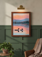 Loon Pair Sunset Lake Art art print shown in a forest green walnut setting