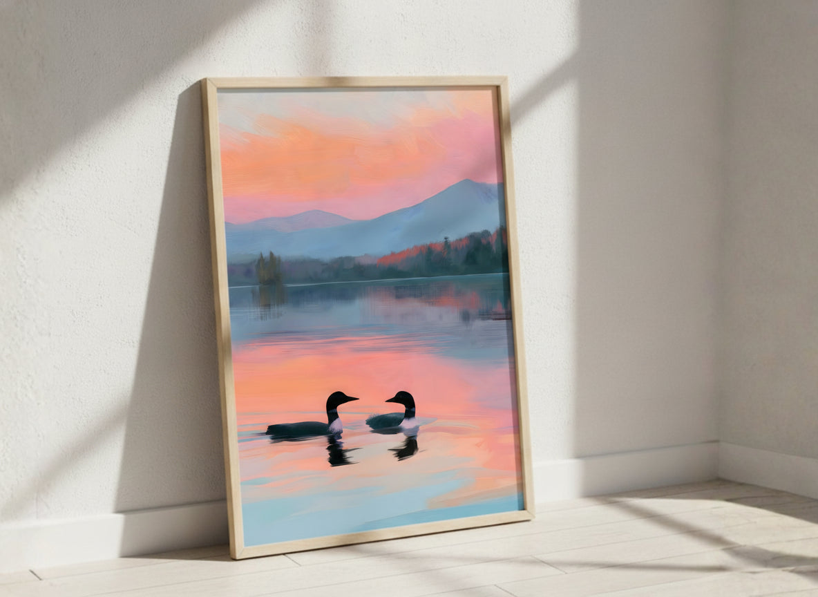 Loon Pair Sunset Lake Art art print
