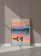 Loon Pair Sunset Lake Art art print shown in a purple setting