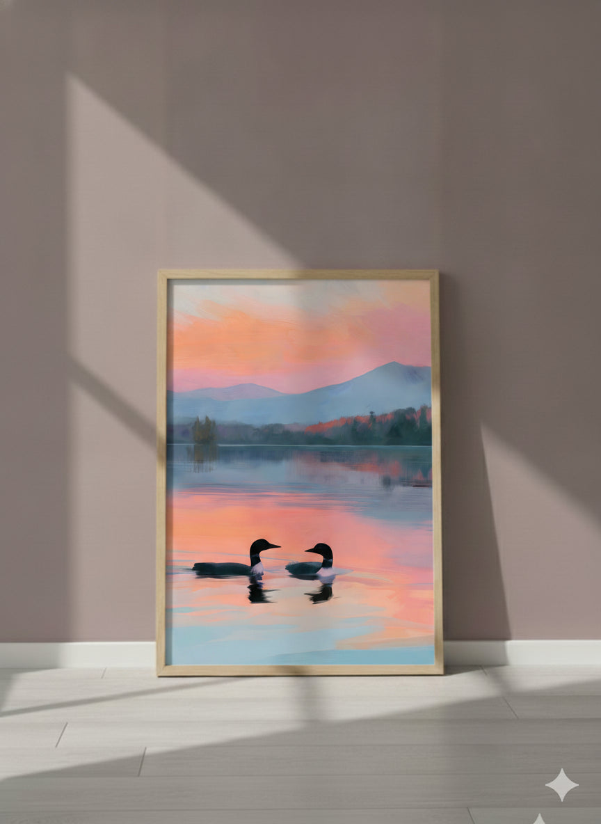 Loon Pair Sunset Lake Art art print shown in a purple setting