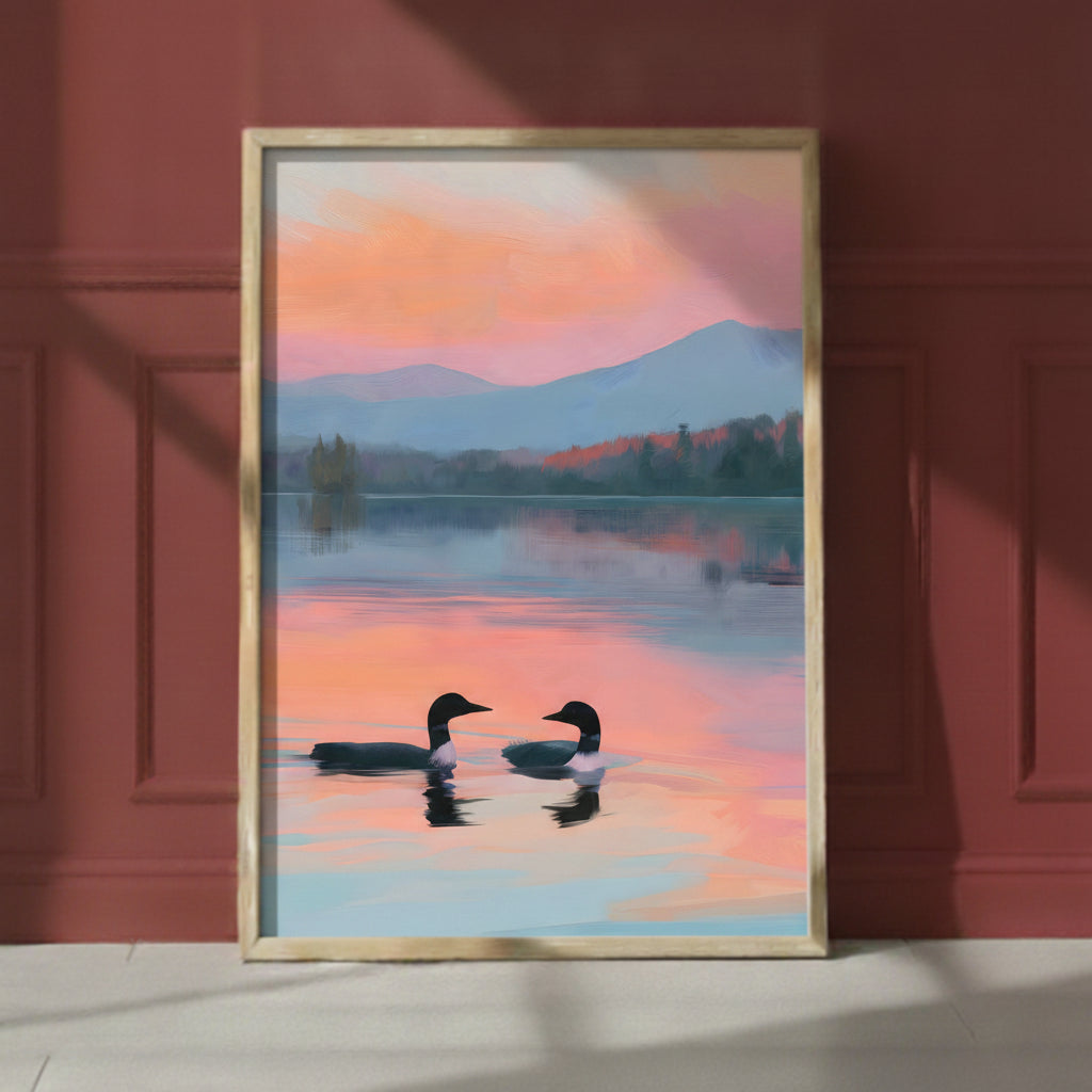 Loon Pair Sunset Lake Art art print shown in a red setting