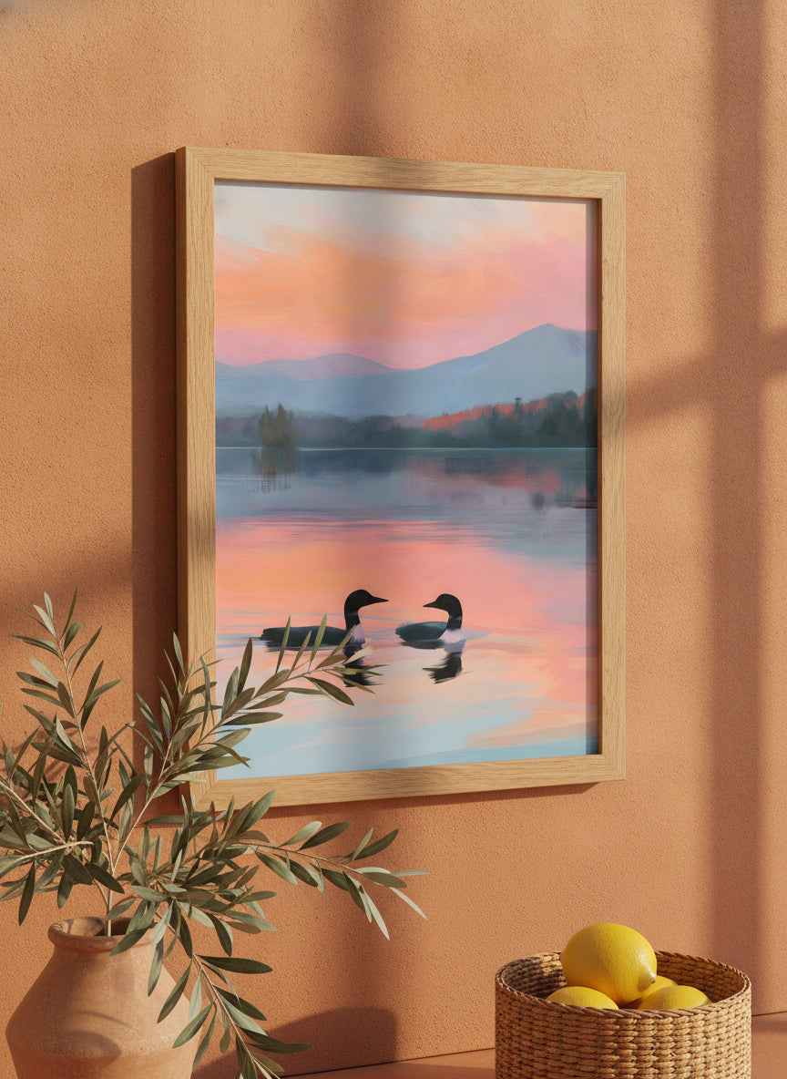Loon Pair Sunset Lake Art art print shown in a terracotta rustic setting