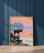 Moose Sunset Lake Art art print shown in a blue 1 setting