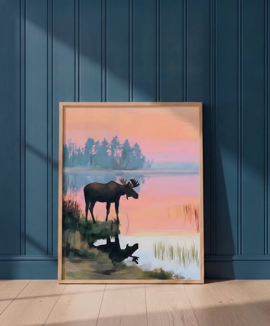 Moose Sunset Lake Art art print shown in a blue 1 setting