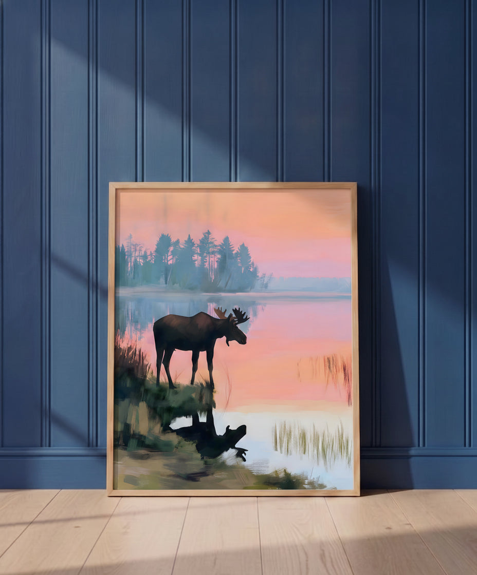Moose Sunset Lake Art art print shown in a blue wall paneled setting