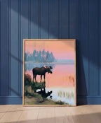 Moose Sunset Lake Art art print shown in a blue wall paneled setting