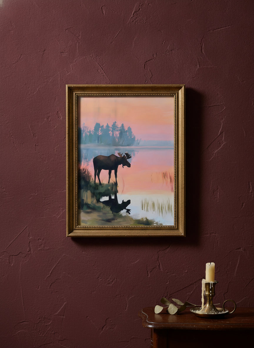 Moose Sunset Lake Art art print shown in a burgundy brass setting