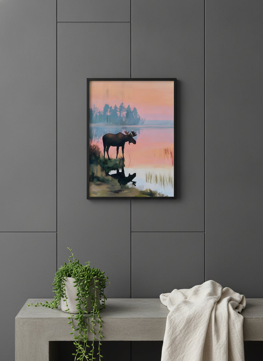 Moose Sunset Lake Art art print shown in a charcoal minimal black setting