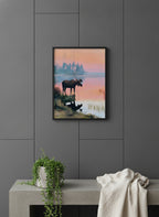 Moose Sunset Lake Art art print shown in a charcoal minimal black setting
