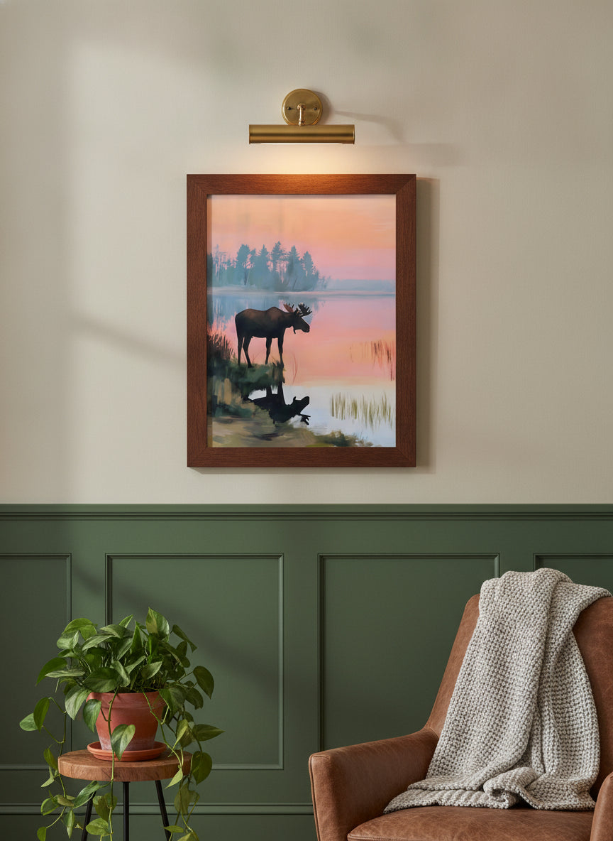 Moose Sunset Lake Art art print shown in a forest green walnut setting