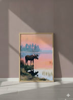 Moose Sunset Lake Art art print shown in a purple setting