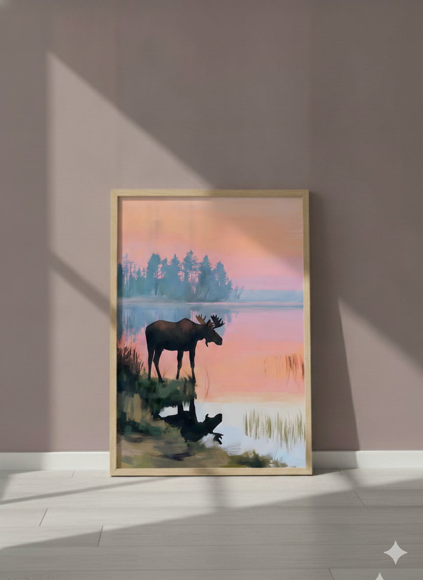 Moose Sunset Lake Art art print shown in a purple setting