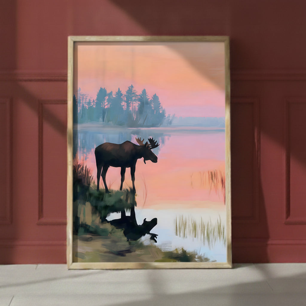 Moose Sunset Lake Art art print shown in a red setting