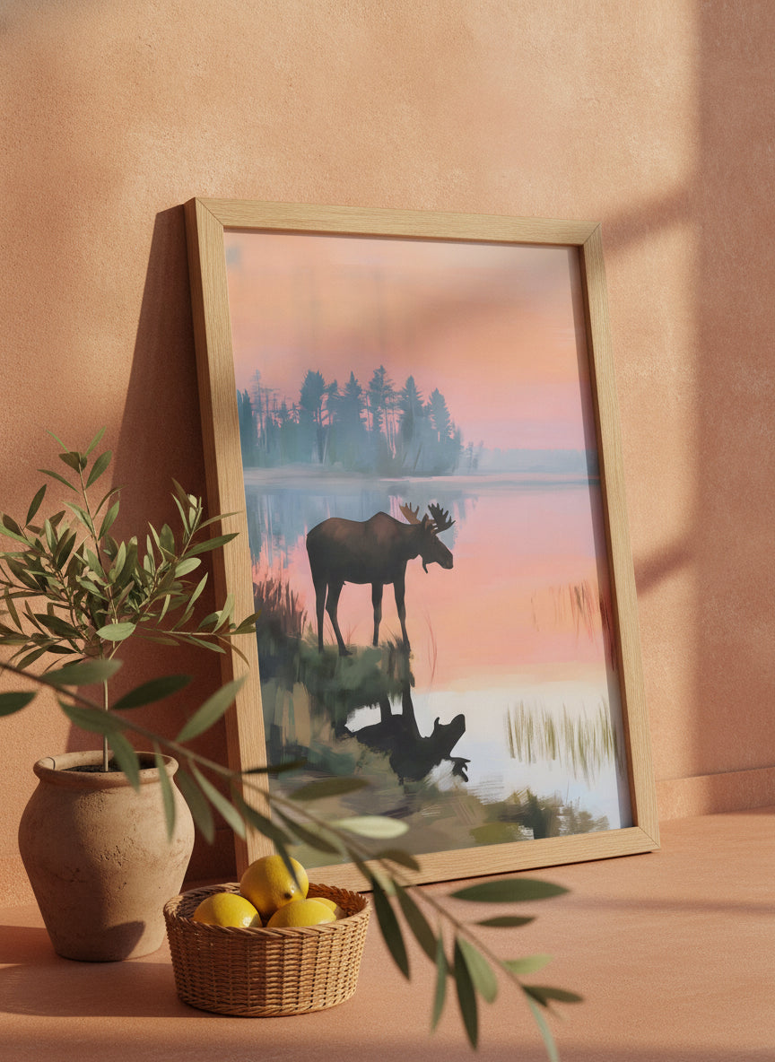 Moose Sunset Lake Art art print shown in a terracotta rustic setting
