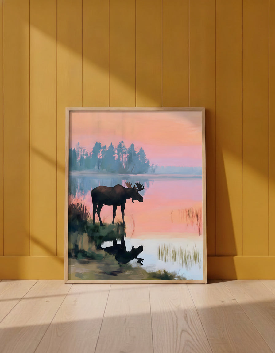 Moose Sunset Lake Art art print shown in a yellow wall setting
