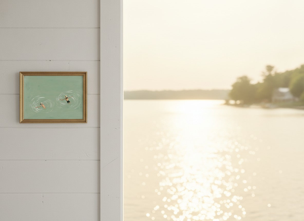 Swimmers Sage Green Wall Art art print shown in a shiplap blurred view setting