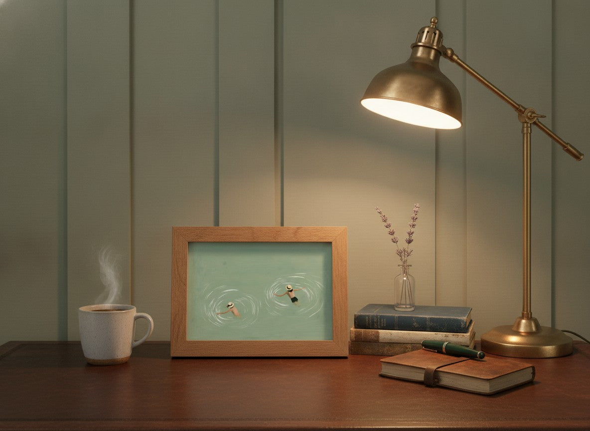 Swimmers Sage Green Wall Art art print shown in a small desk oak setting