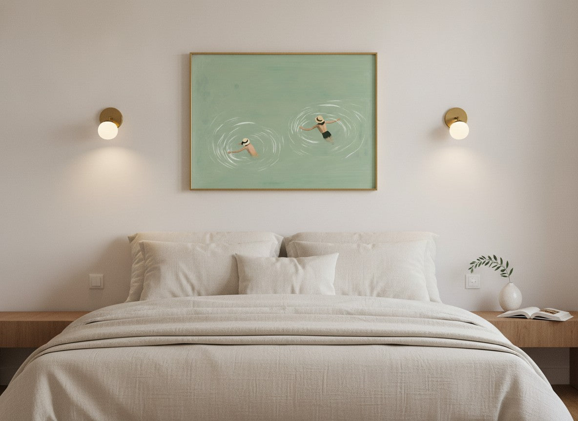 Swimmers Sage Green Wall Art art print shown in a wide above bed brushed brass setting