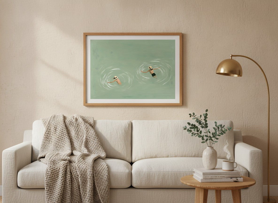 Swimmers Sage Green Wall Art art print shown in a wide above couch oak setting