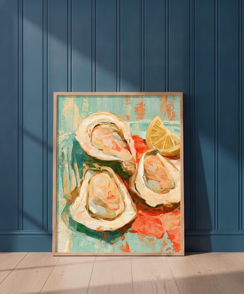 Oysters Lemon Still Life Art art print shown in a blue 1 setting