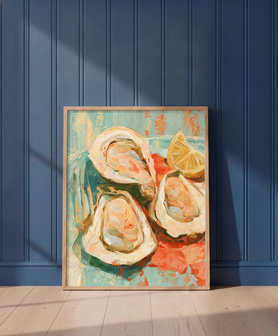 Oysters Lemon Still Life Art art print shown in a blue wall paneled setting
