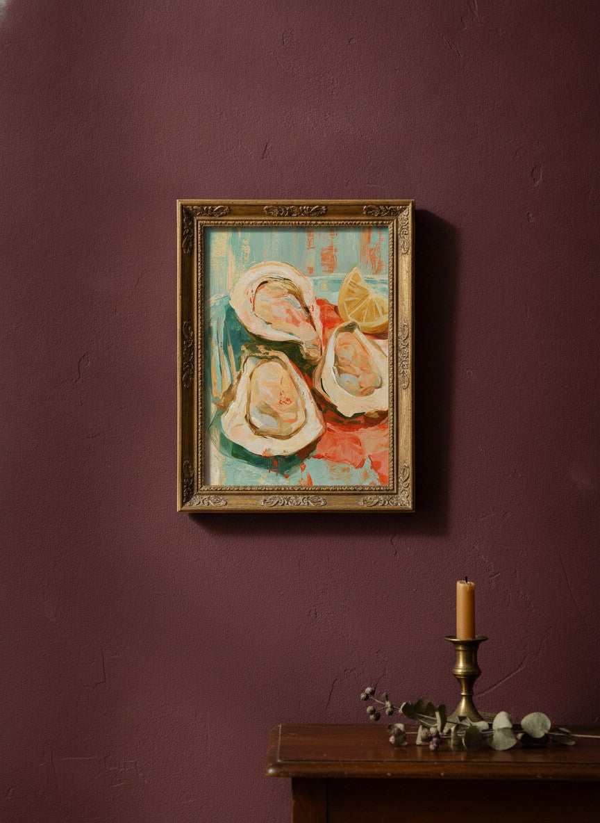 Oysters Lemon Still Life Art art print shown in a burgundy brass setting