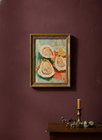 Oysters Lemon Still Life Art art print shown in a burgundy brass setting