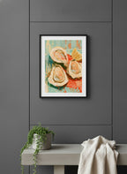 Oysters Lemon Still Life Art art print shown in a charcoal minimal black setting