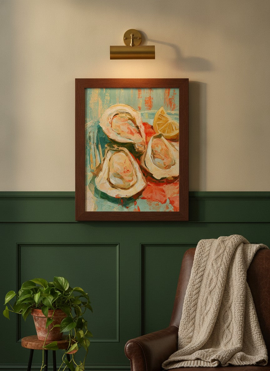 Oysters Lemon Still Life Art art print shown in a forest green walnut setting