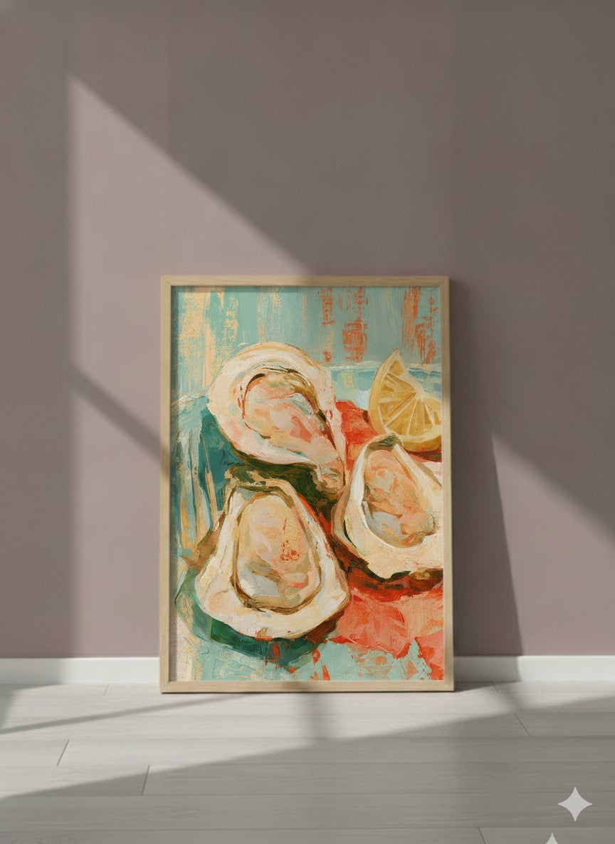 Oysters Lemon Still Life Art art print shown in a purple setting