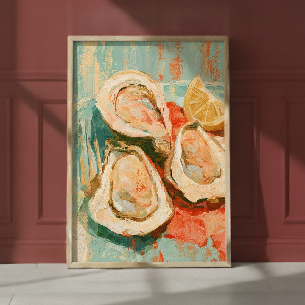 Oysters Lemon Still Life Art art print shown in a red setting