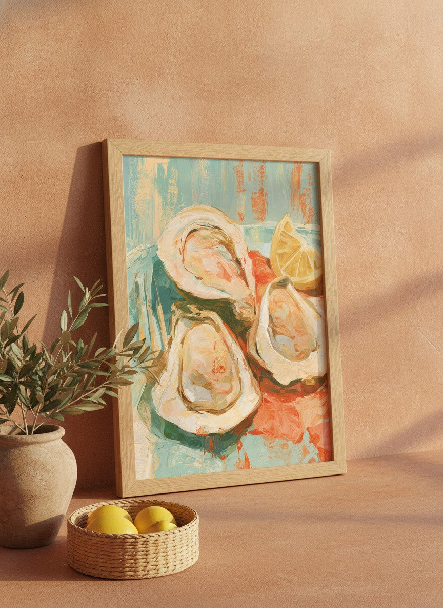Oysters Lemon Still Life Art art print shown in a terracotta rustic setting