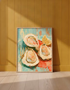Oysters Lemon Still Life Art art print shown in a yellow wall setting