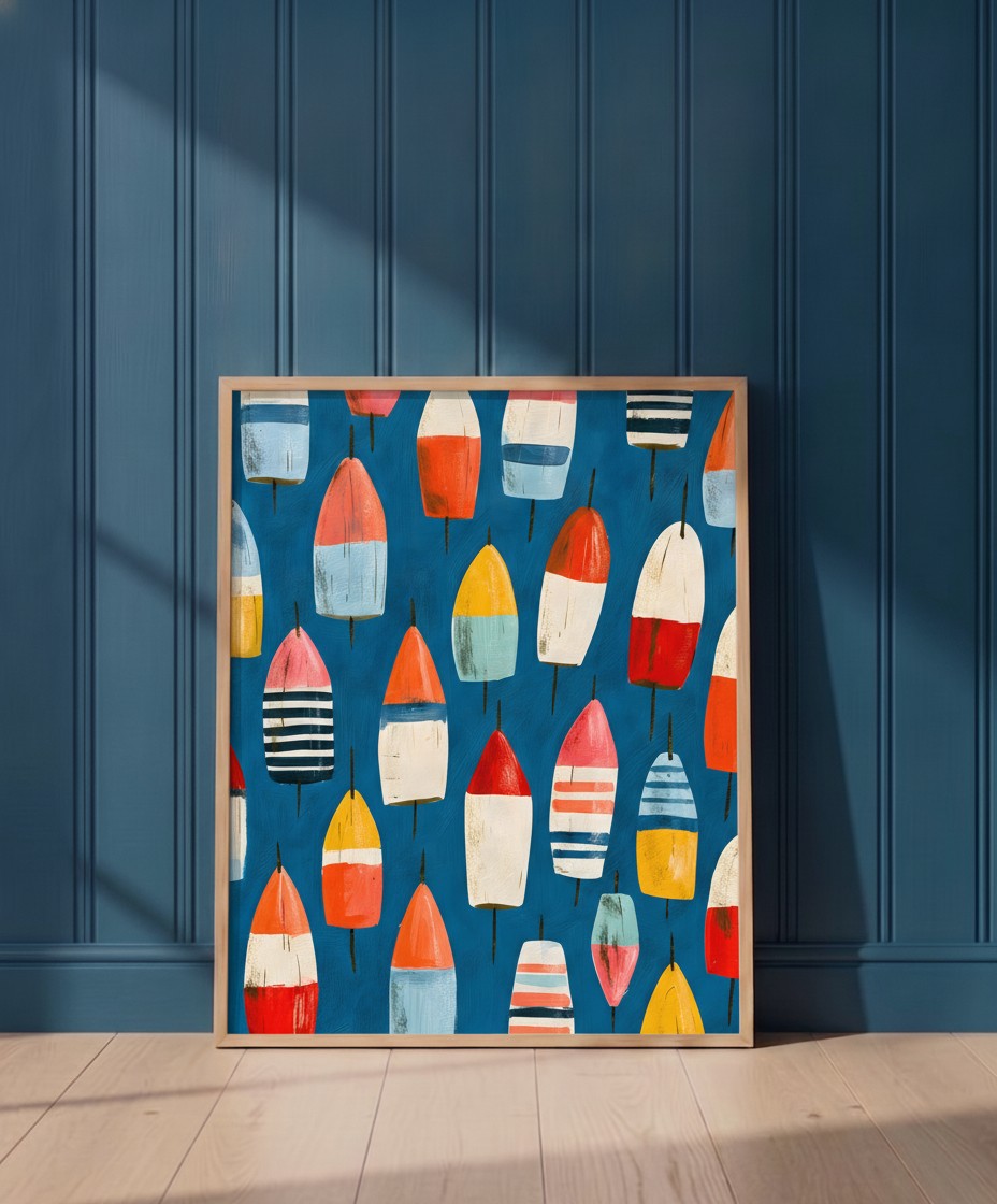 Colorful Nautical Buoy Art art print shown in a blue 1 setting