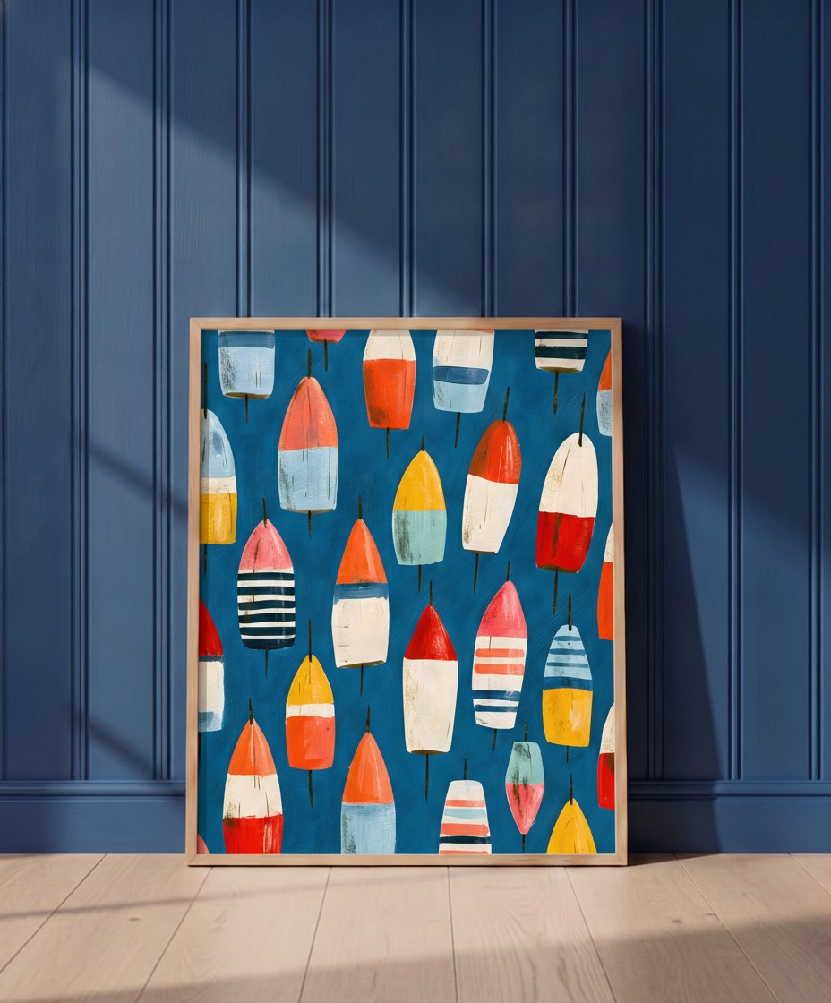 Colorful Nautical Buoy Art art print shown in a blue wall paneled setting