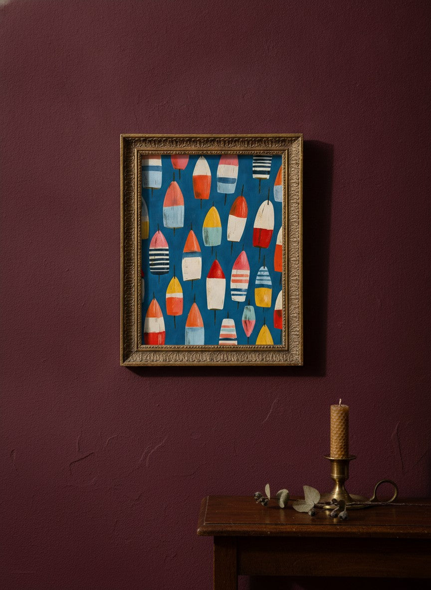 Colorful Nautical Buoy Art art print shown in a burgundy brass setting